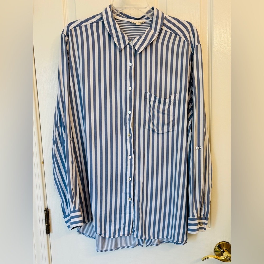 Jane and Delancey Blue and White Striped Button Down Shirt Women’s 2XL Oversized - Picture 5 of 6